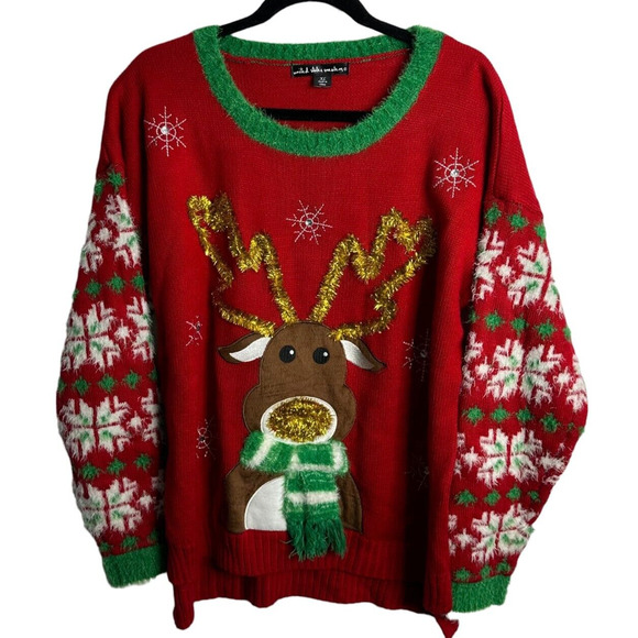 Ugly Christmas Sweater Holiday Pullover XL Red Reindeer Snowflake Fuzzy Green - Picture 1 of 8